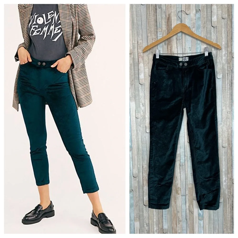 Free‎ People 26 Green Velvet High Waist Sweet Jane Jeans Pants Slim Skinny Retro